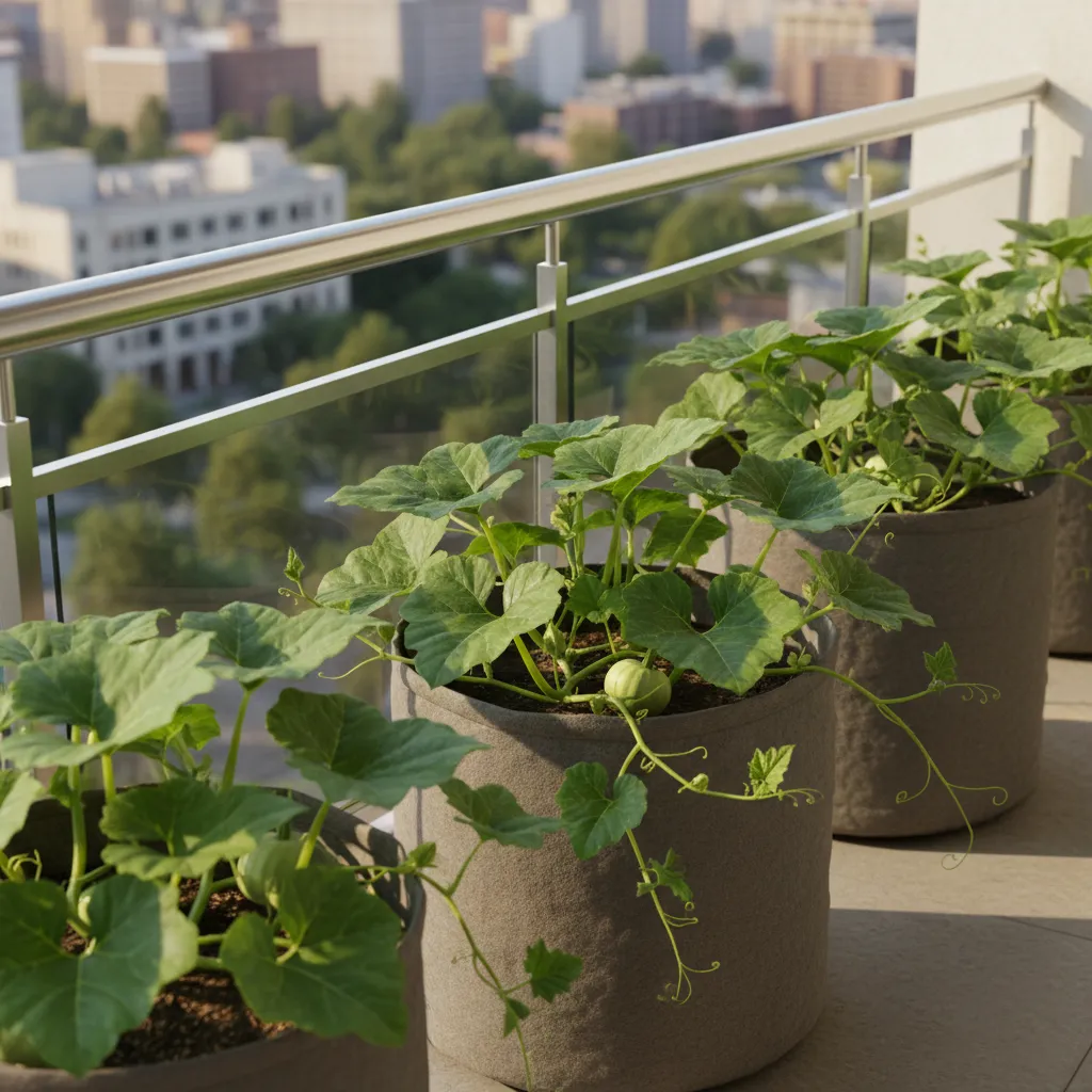 Pumpkin plants growing in large fabric pots on a balcony garden