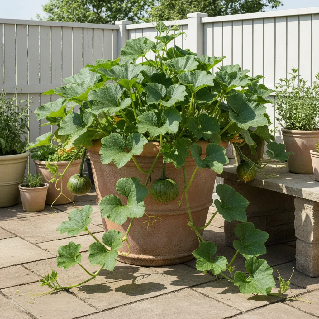 Healthy pumpkin vine growing in a large container on a patio garden