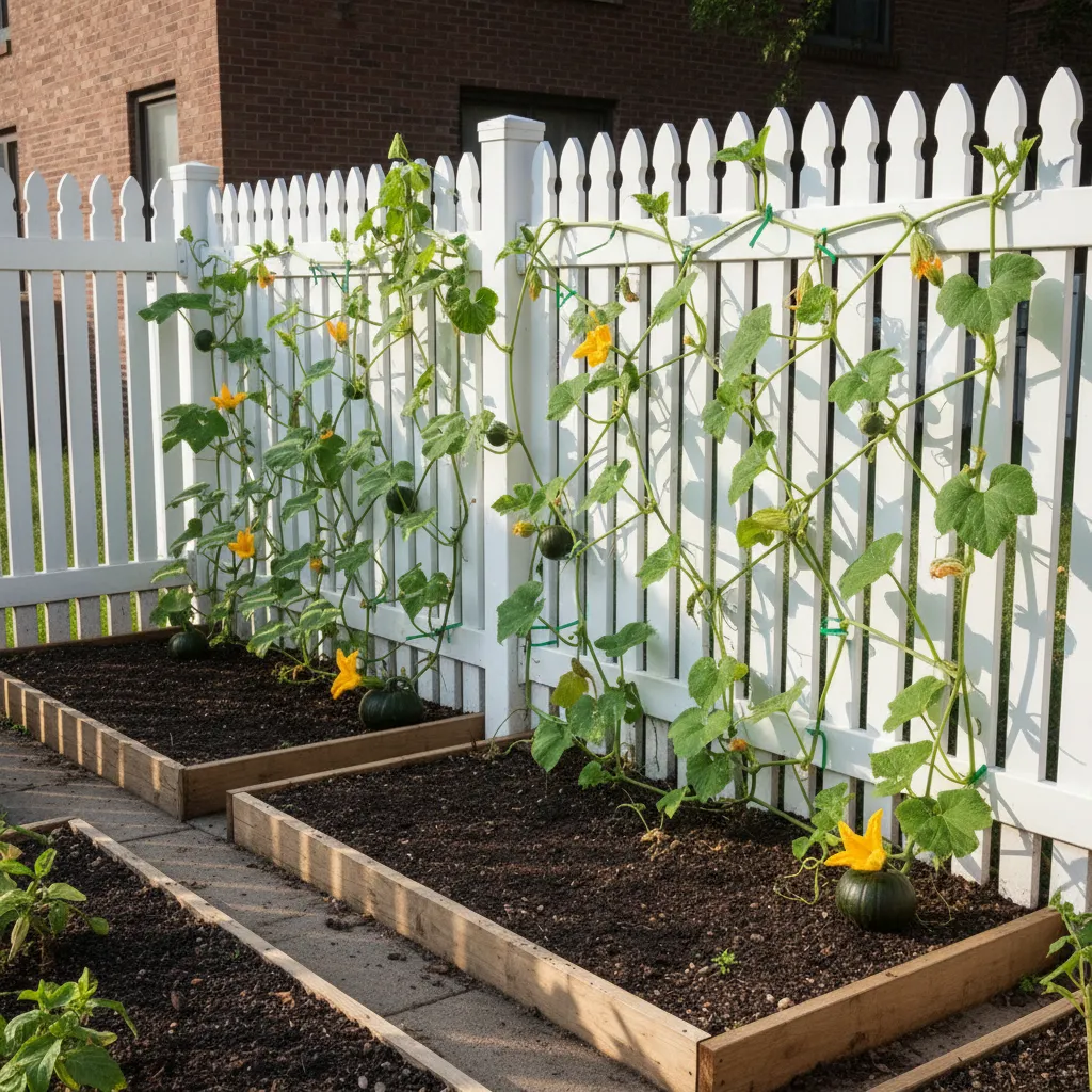 Pumpkin vines trained along a fence in a small garden layout