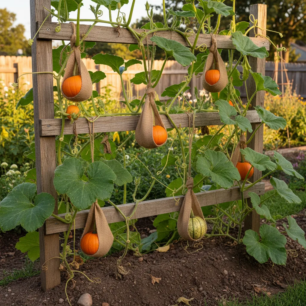 Pumpkin vines climbing a wooden garden trellis with small pumpkins hanging