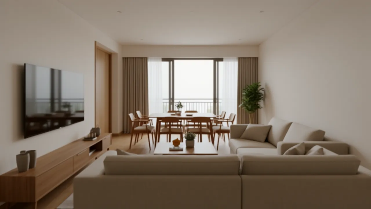 Open living and dining layout in a modern Pune apartment