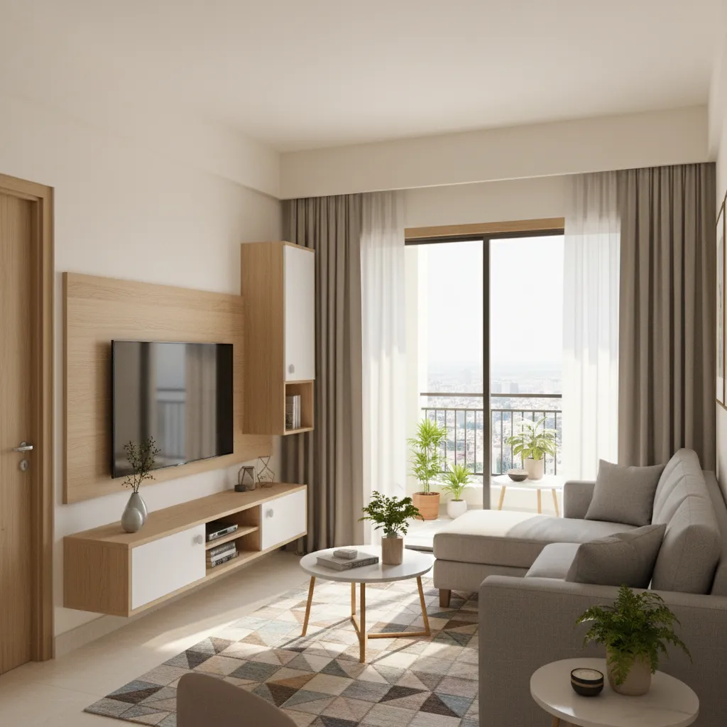 Compact living room design inside a budget 4 BHK apartment in Pune