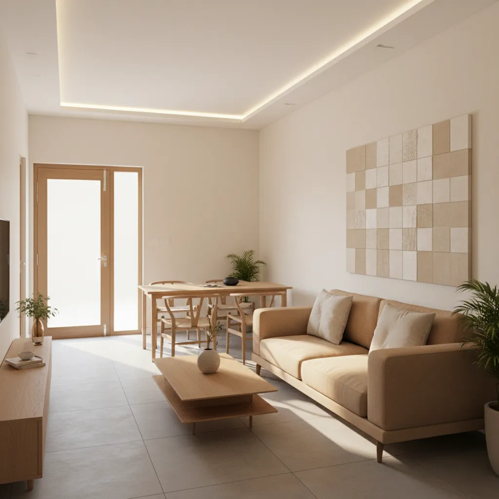Open living and dining layout in a narrow Pune row house