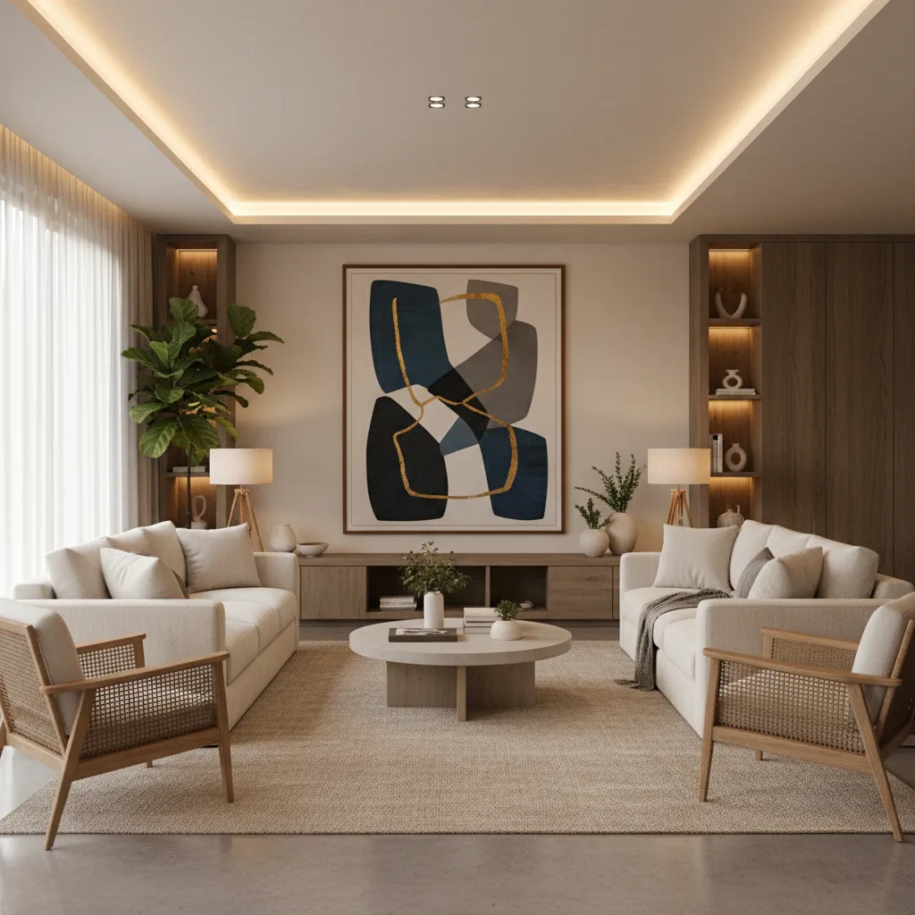 Sala de estar con un punto focal claro en una obra de arte central