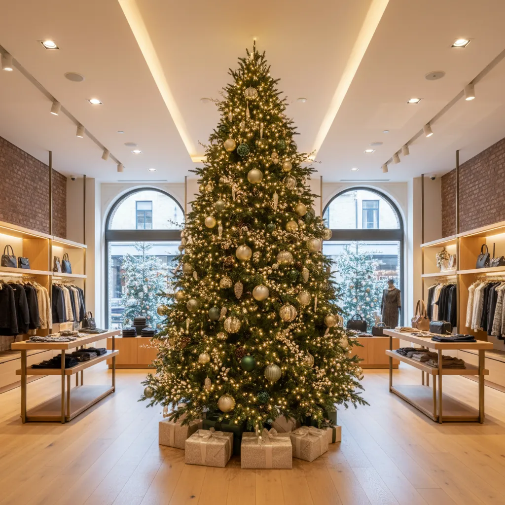 Árbol de Navidad grande colocado como punto focal dentro de una tienda
