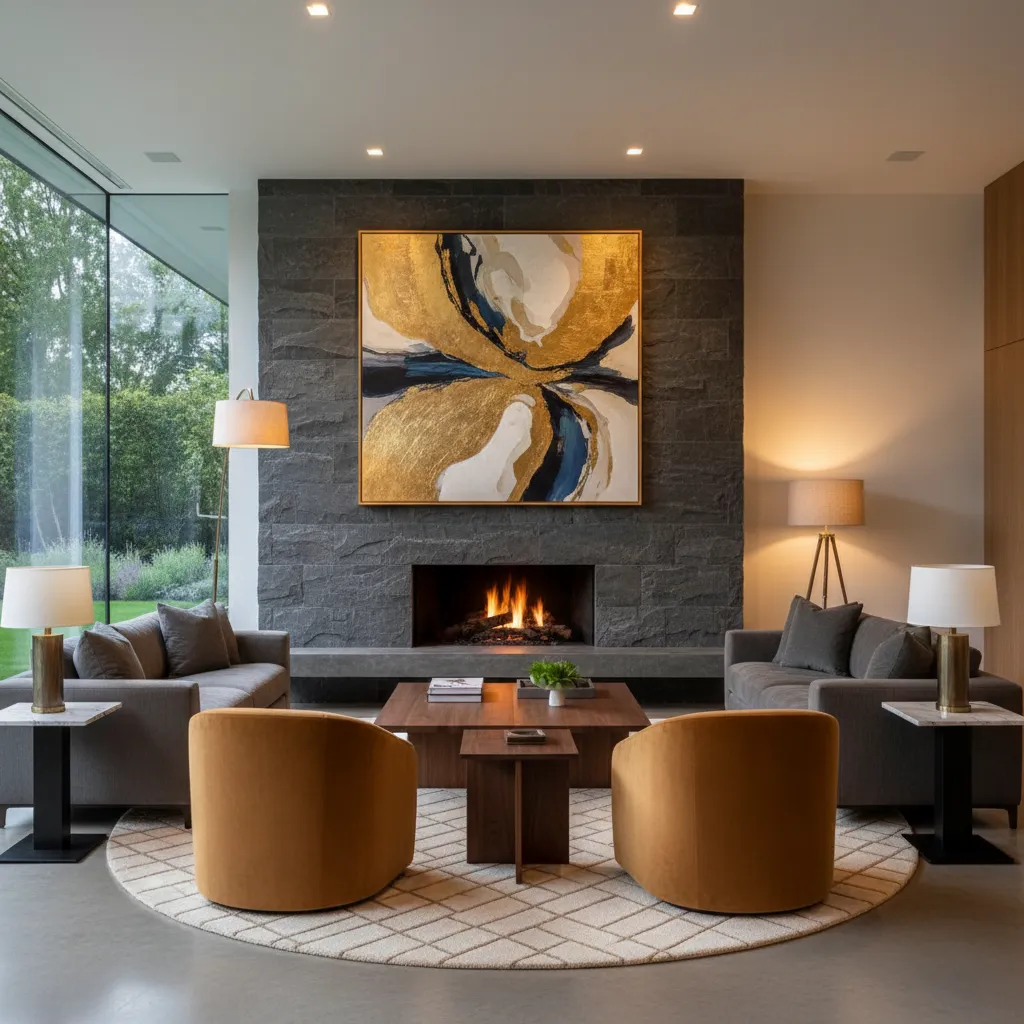 Modern living room featuring grey stone fireplace gold abstract painting two sofas and yellow chairs