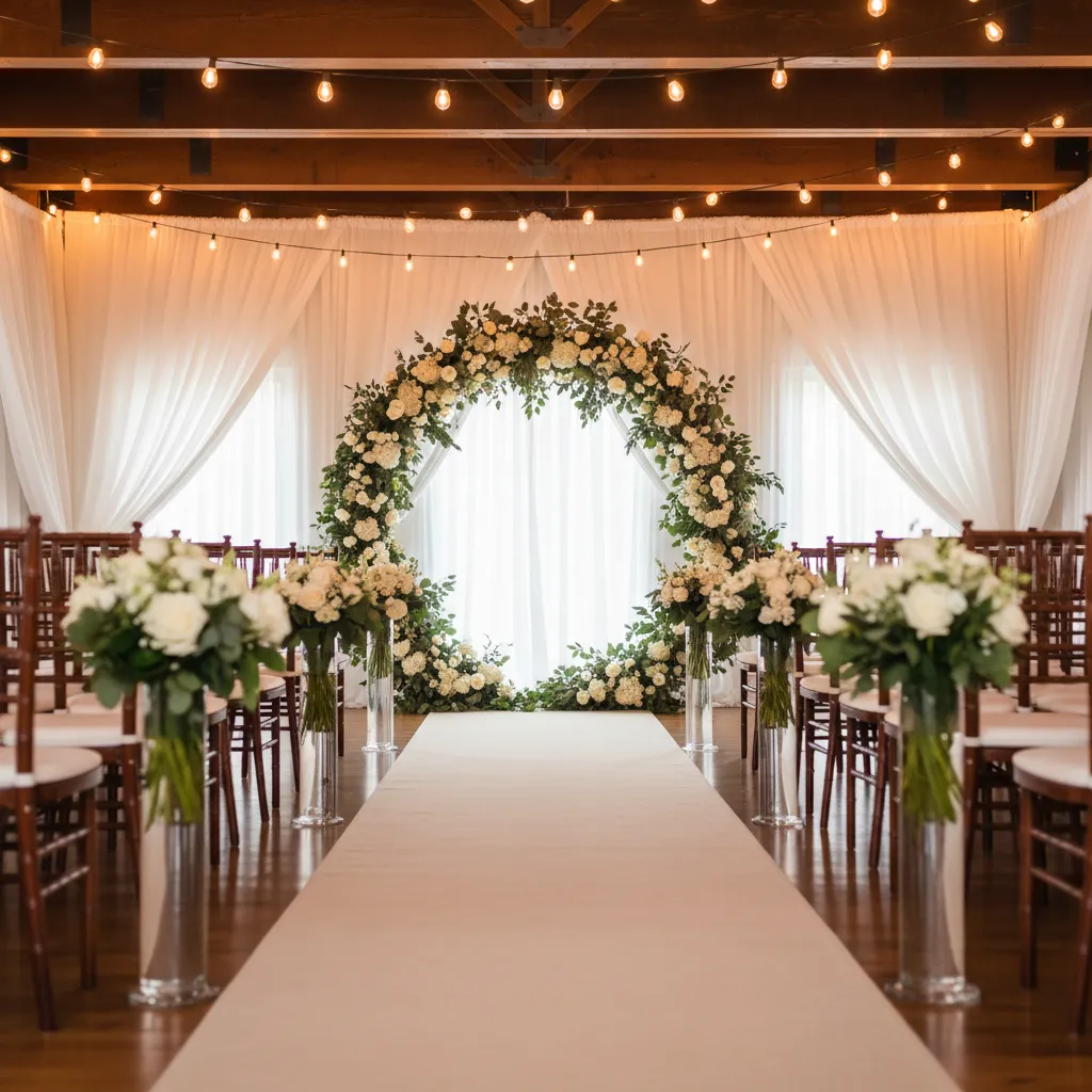 Zona de ceremonia interior con arco floral y decoración elegante