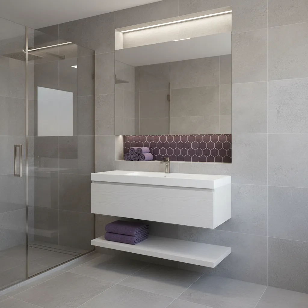 Gray bathroom with purple accent niche and towels