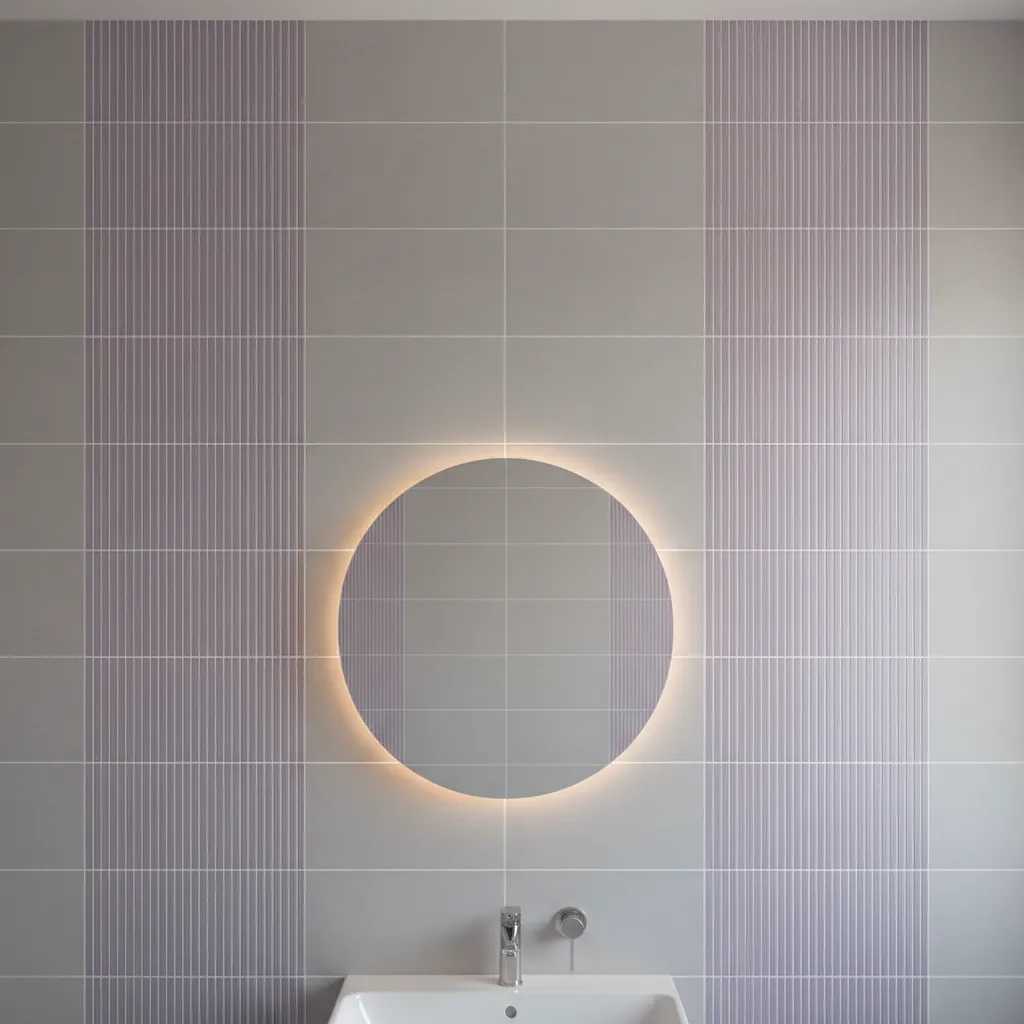 Bathroom wall tiles with vertical lavender pattern enhancing depth in a small space
