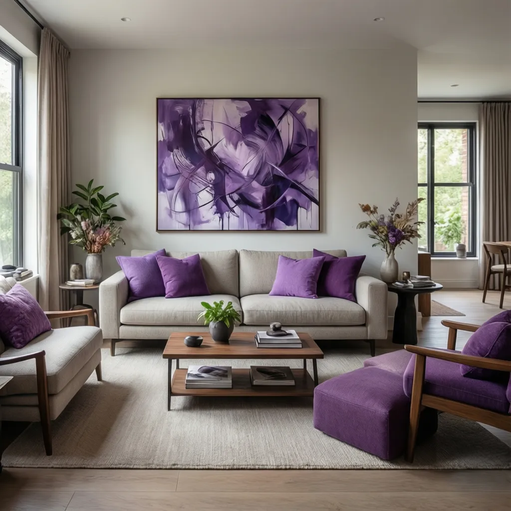 Living room showing purple pillows repeated in artwork and decor accents