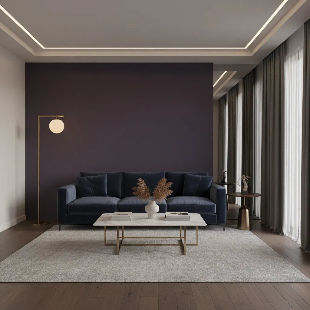 Living room with deep purple accent wall velvet sofa and warm ambient lighting