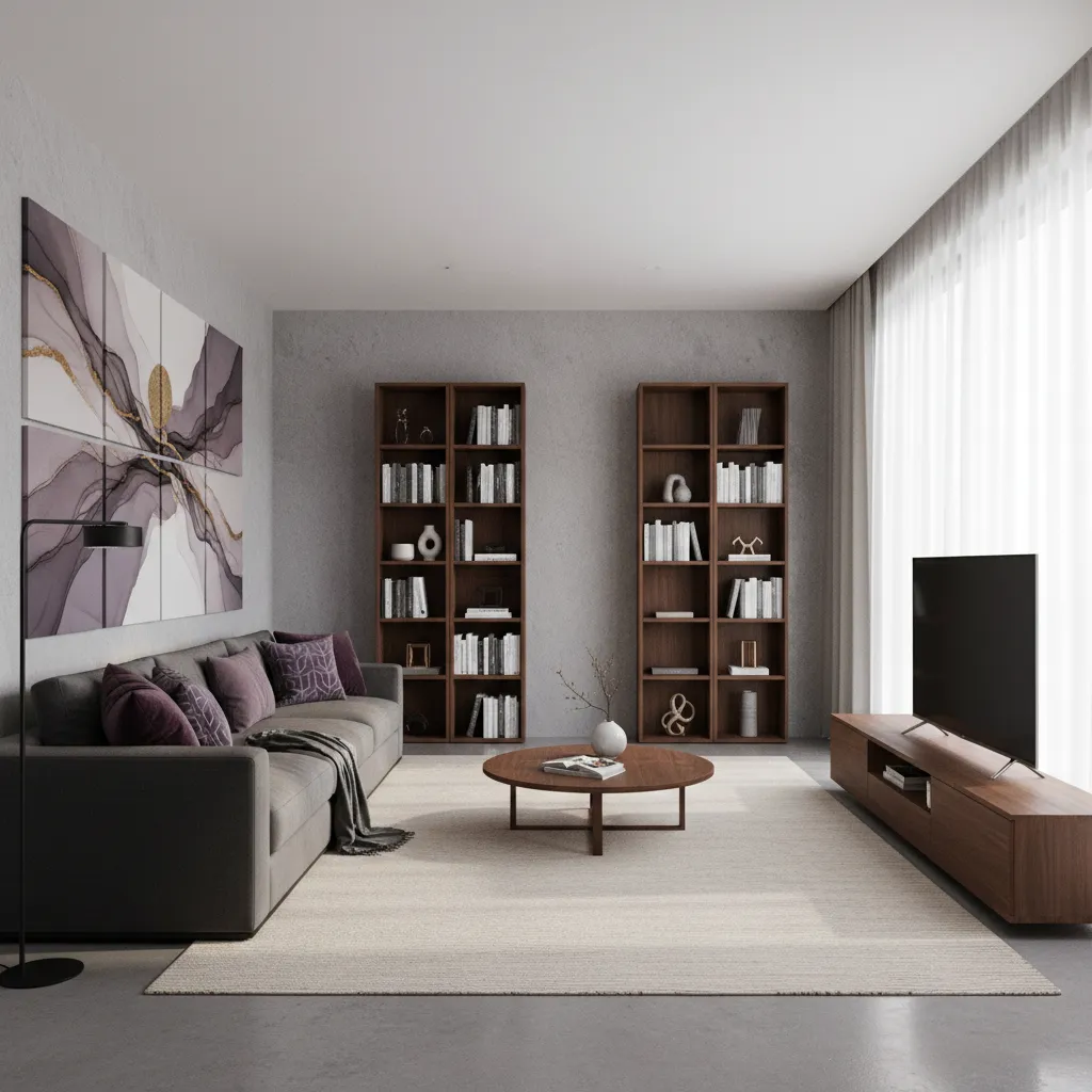 Modern apartment living room with purple accent pillows tying together decor