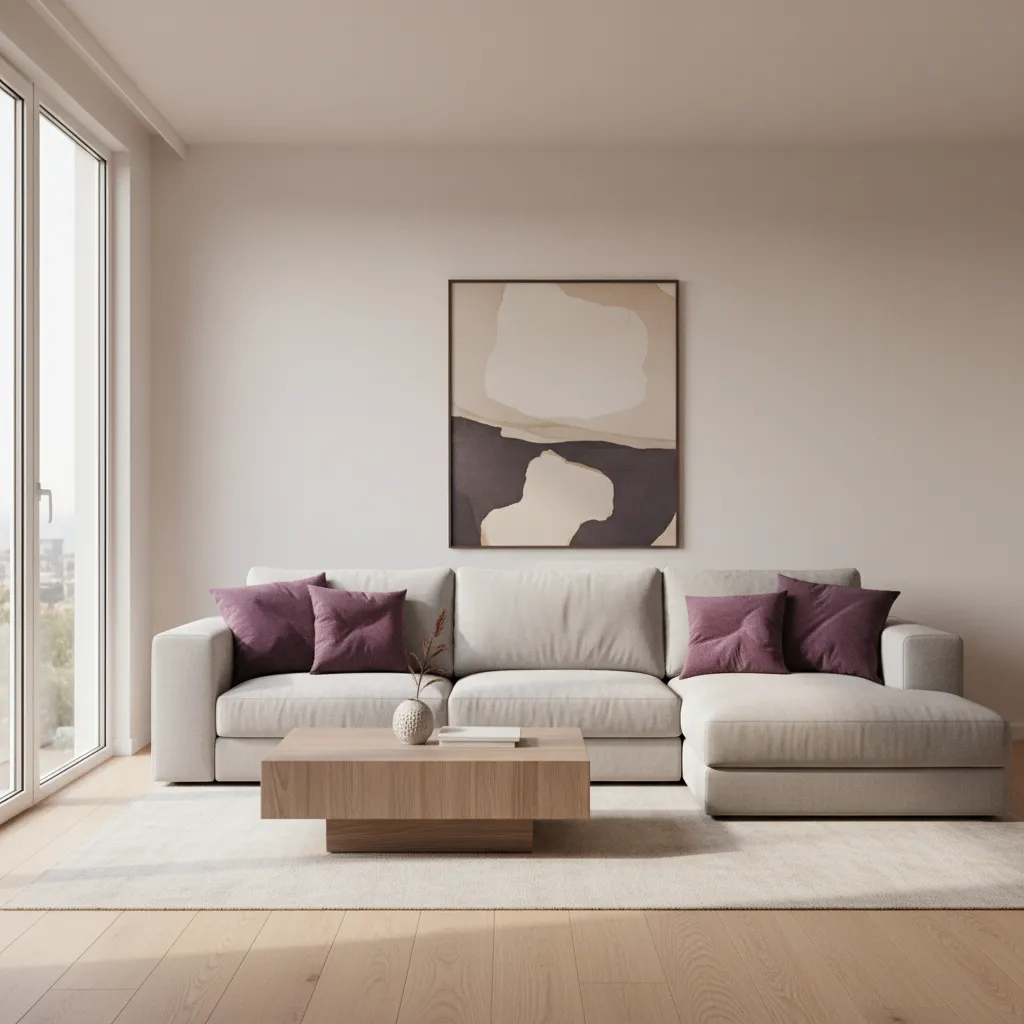 Neutral sofa with plum purple accent pillows in modern living room