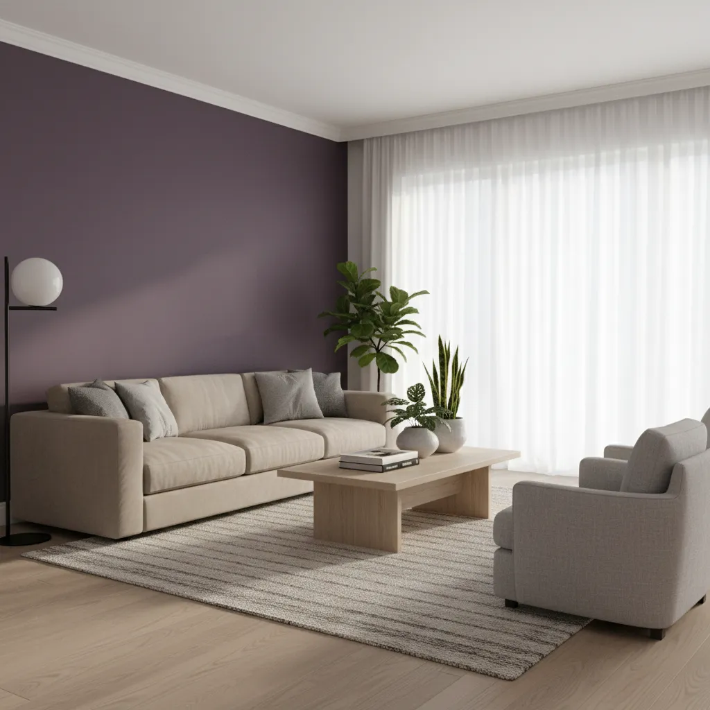 living room with deep purple accent wall behind neutral sofa