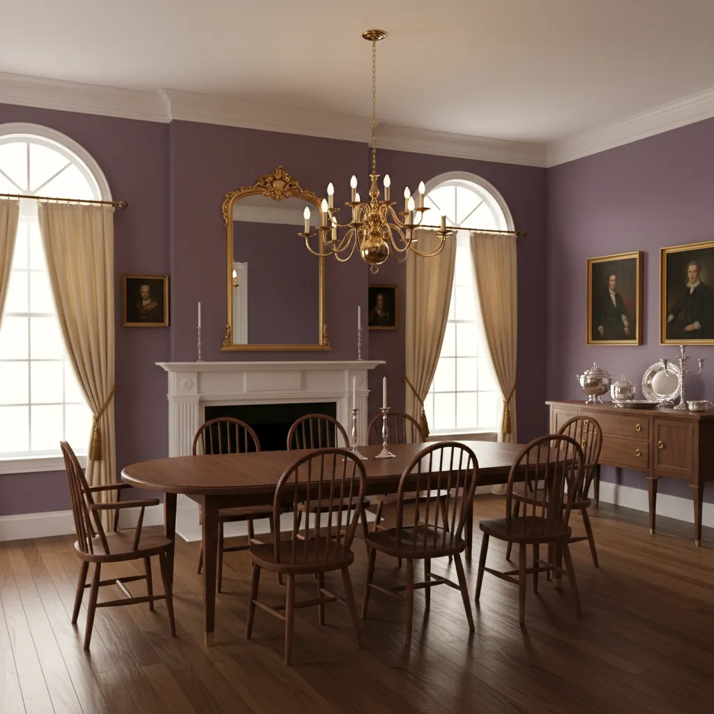 Traditional colonial dining room with plum walls and dark wood dining furniture