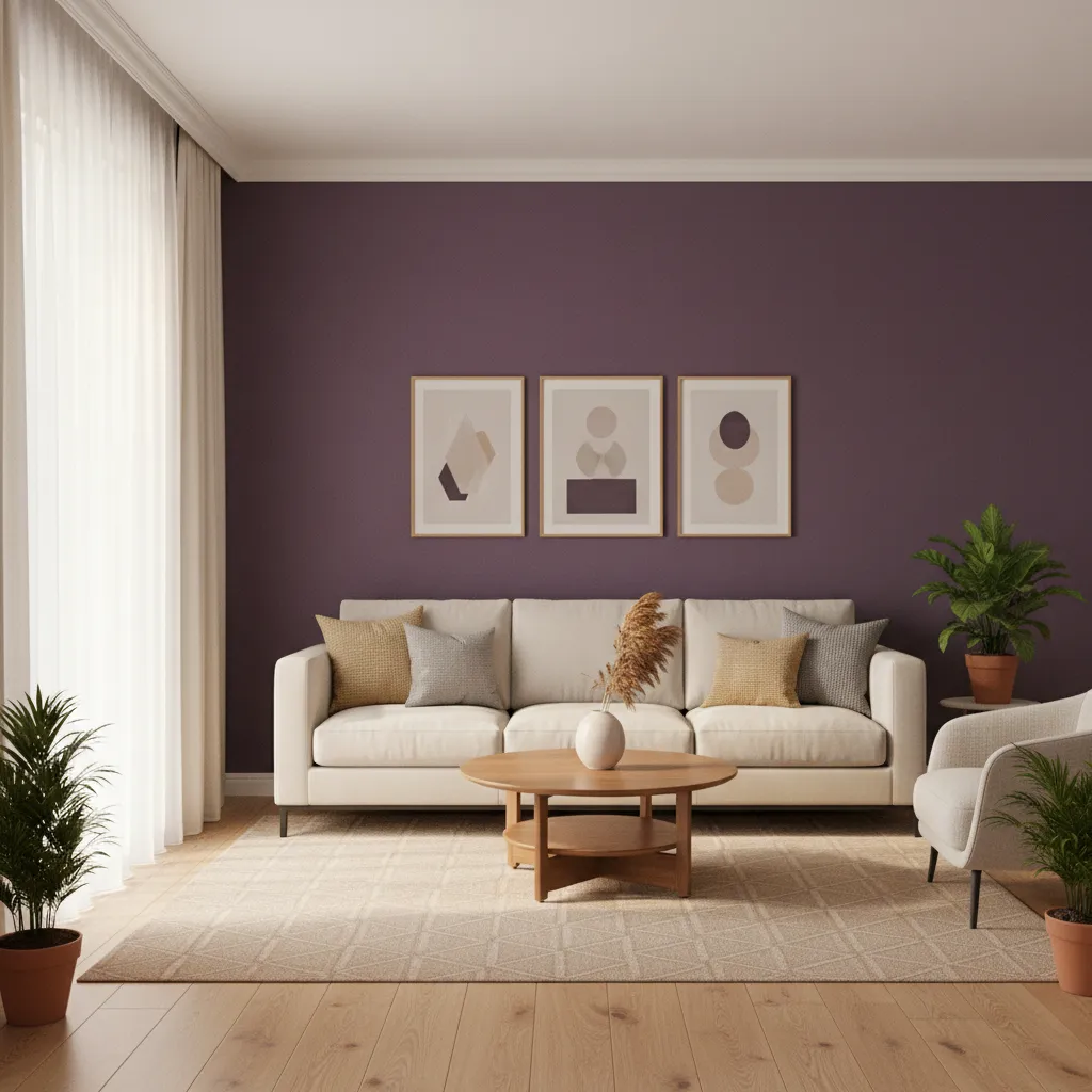 elegant living room with purple accent wall cream sofa and soft neutral decor