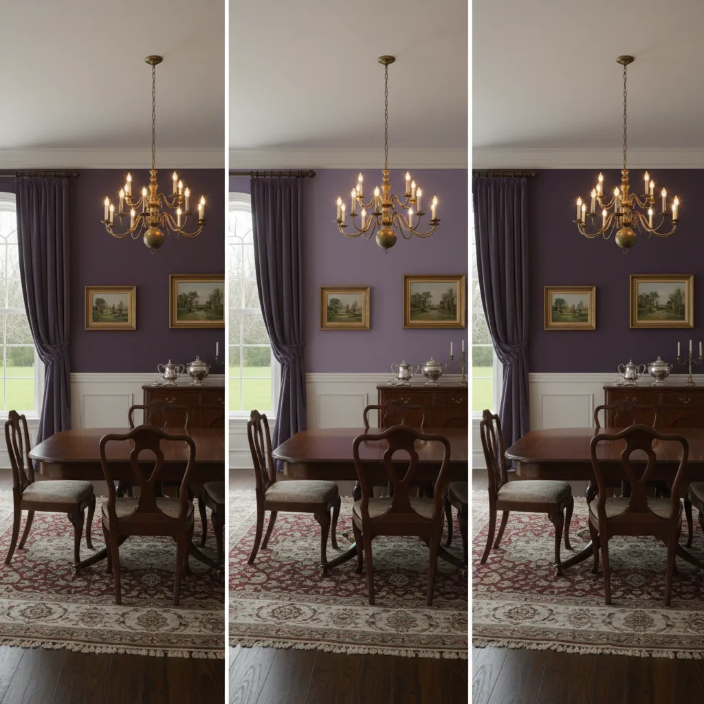 Dining room wall color comparison showing plum lavender and eggplant tones