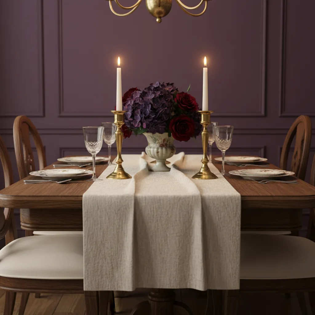 Colonial dining table with neutral linens and decor against purple walls