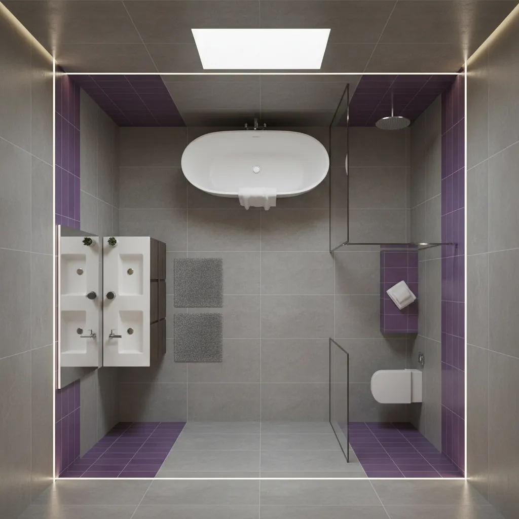Bathroom layout visualization showing purple accent zones in gray bathroom