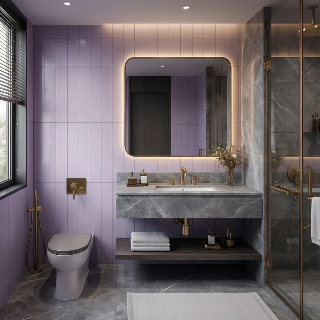 elegant purple and gray bathroom interior with marble vanity and soft lighting