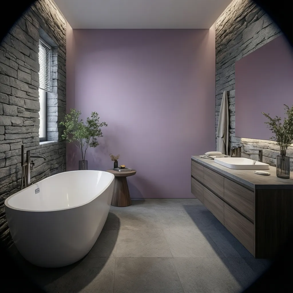 Elegant purple and gray spa style bathroom with freestanding tub