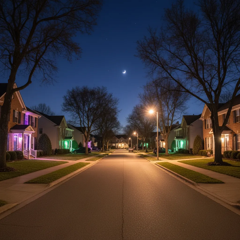 Row of homes displaying different colored porch lights at night