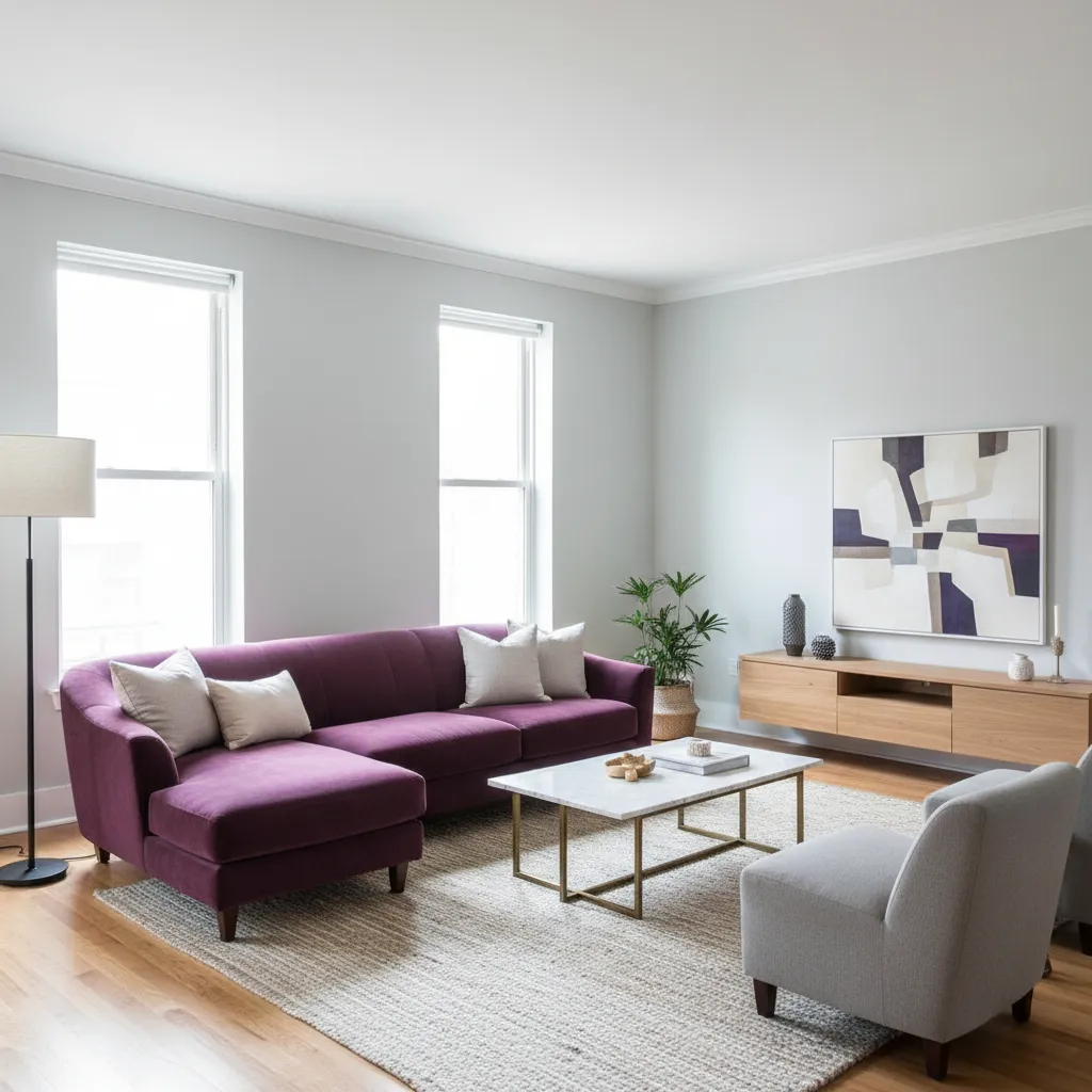 purple sofa paired with grey walls and modern decor in contemporary living room