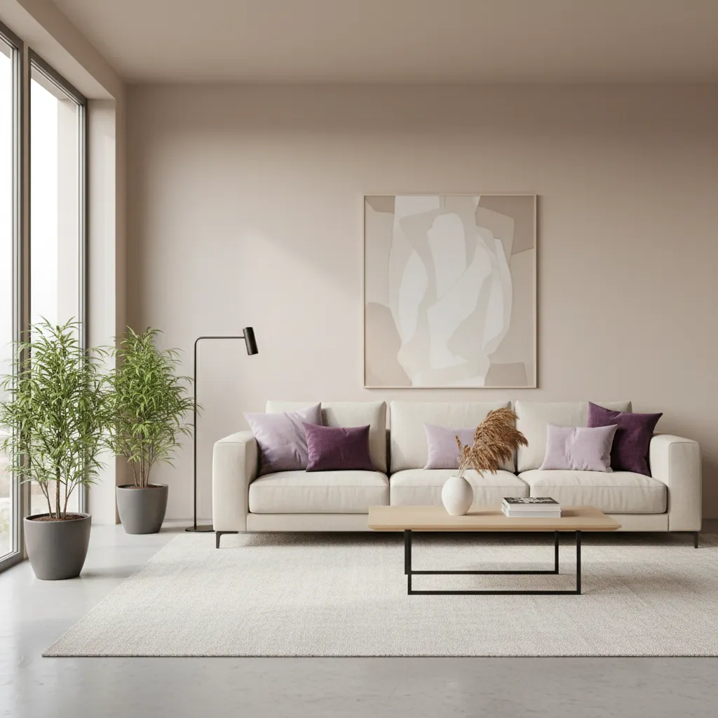 stylish modern living room with purple accents neutral furniture and bright natural lighting