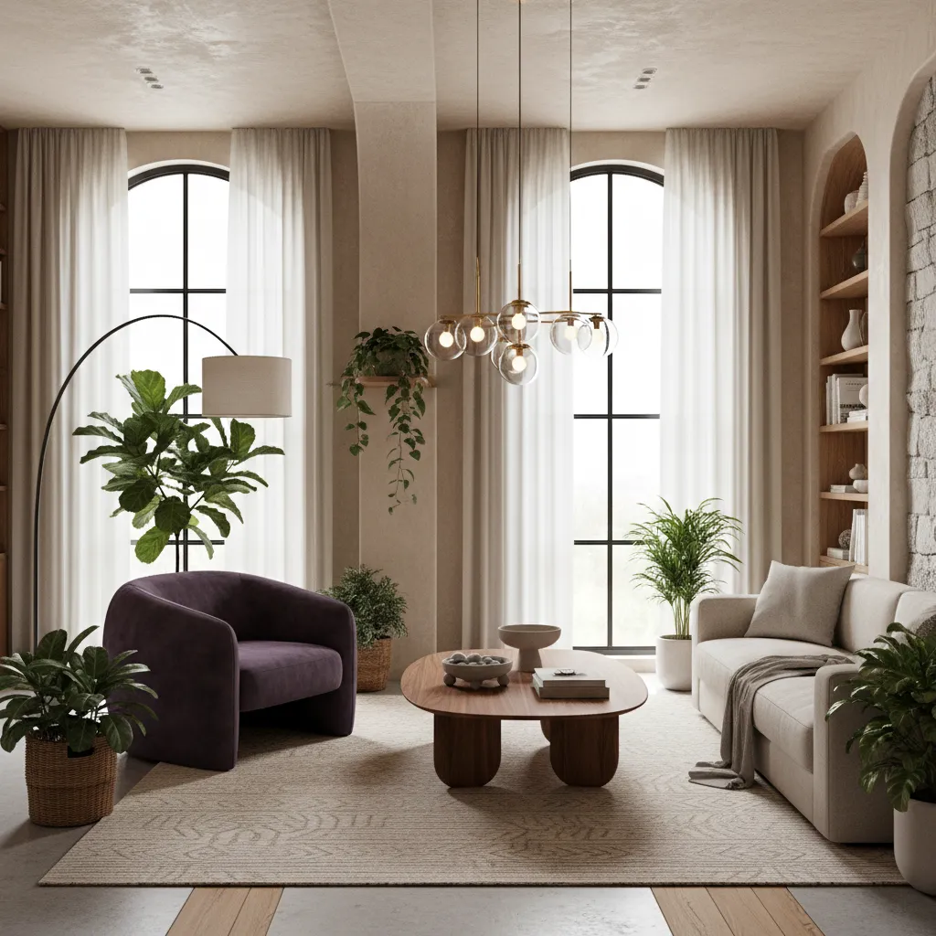 purple living room with walnut furniture indoor plants and natural textures