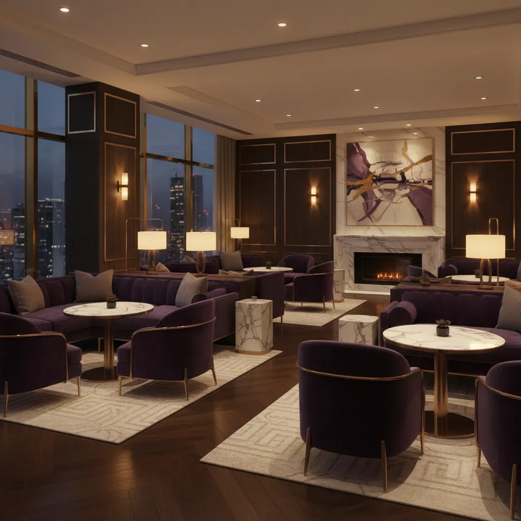 Luxury hotel lounge interior with deep purple tones and velvet seating