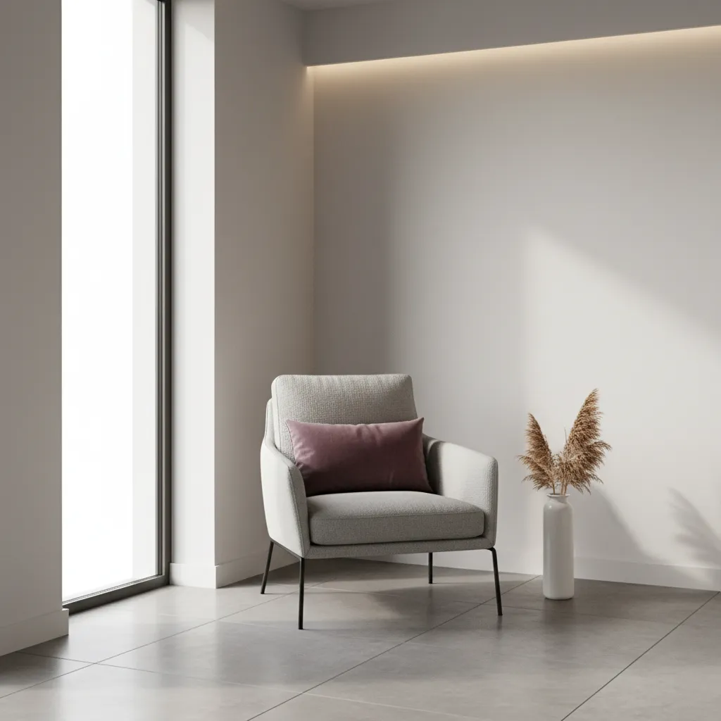 Accent chair styled with a single purple decorative pillow