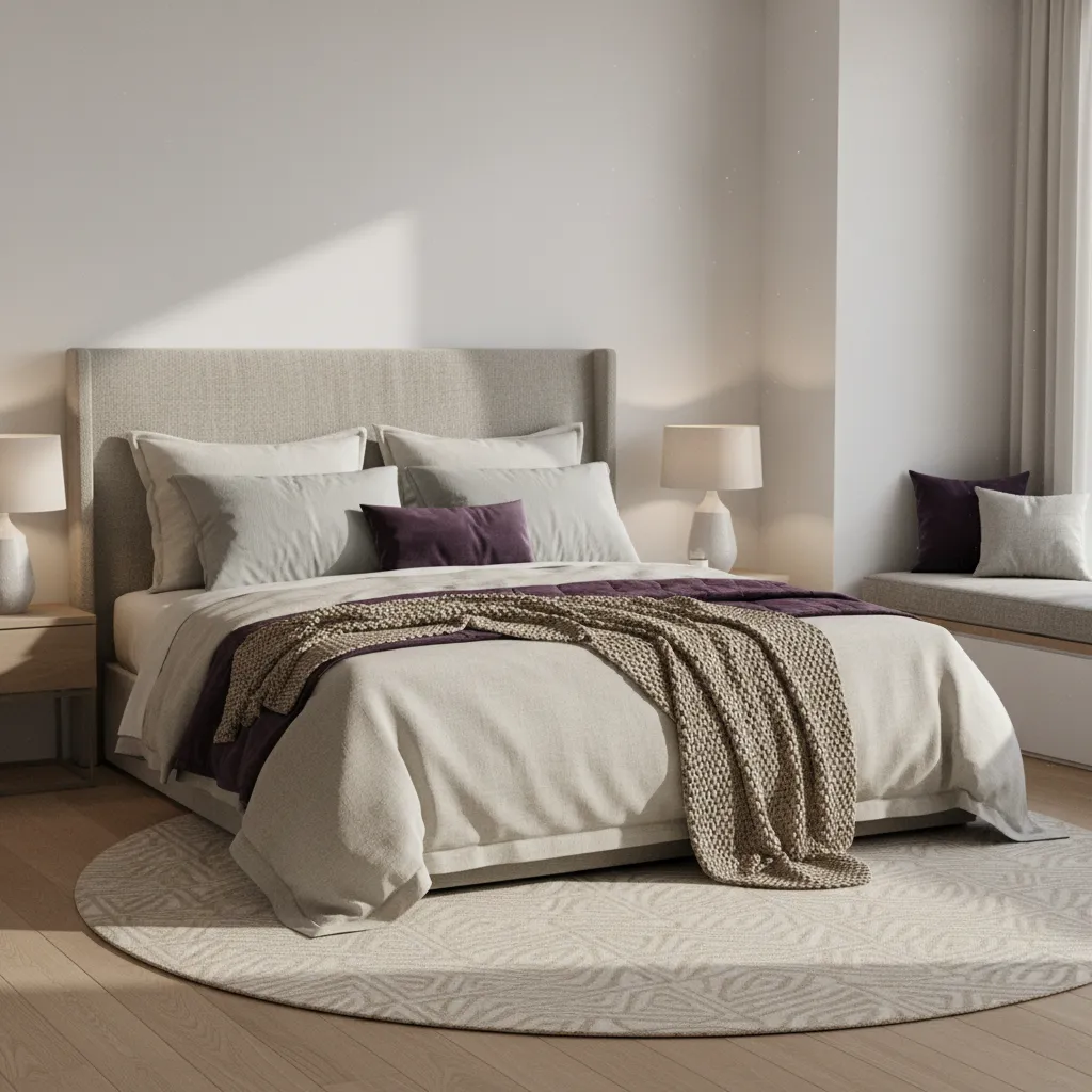 Bed styled with layered pillows and a purple accent pillow
