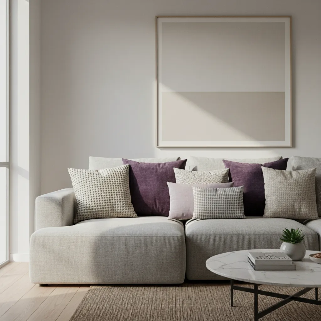 Living room sofa decorated with layered purple accent pillows