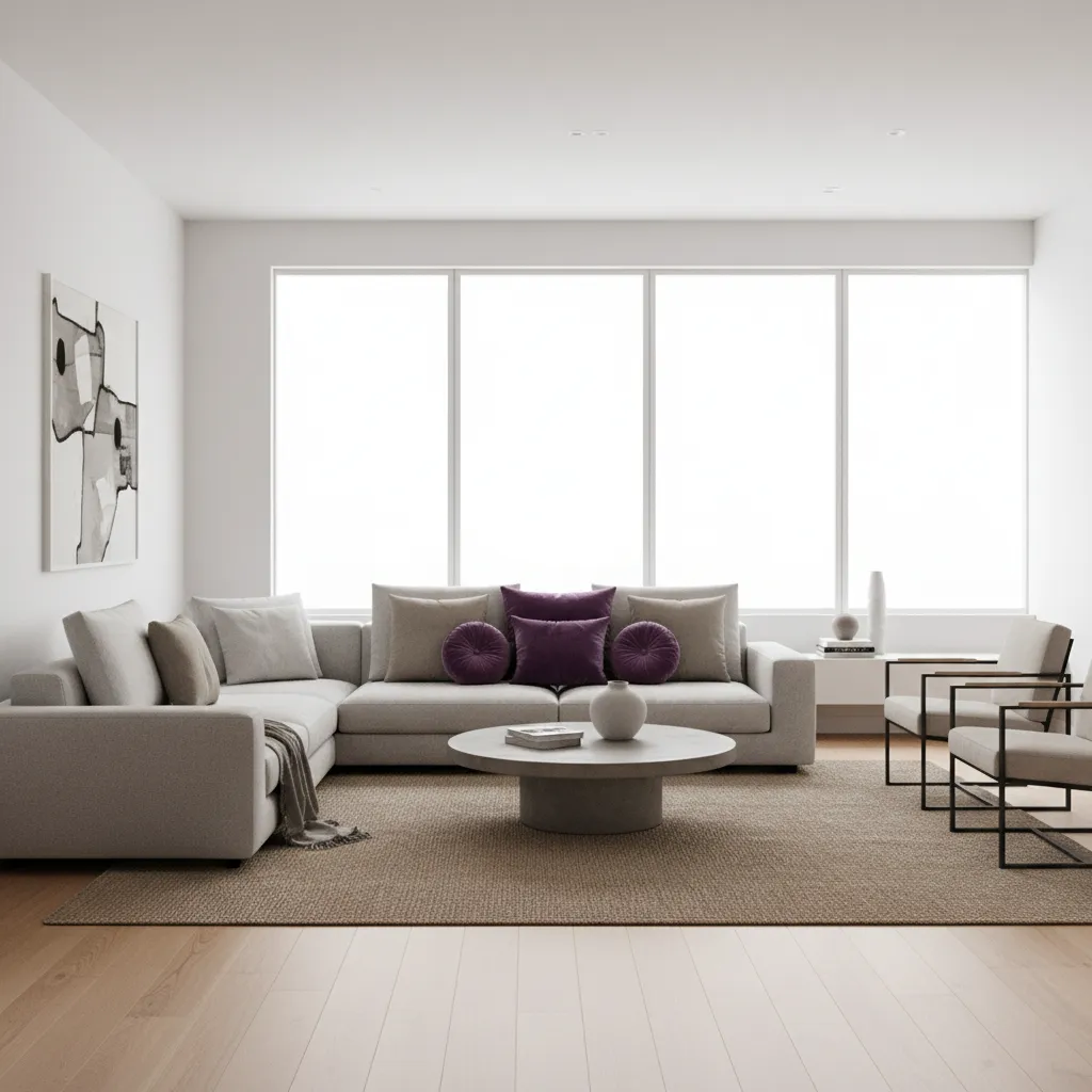 Sofa layout demonstrating balanced placement of purple throw pillows