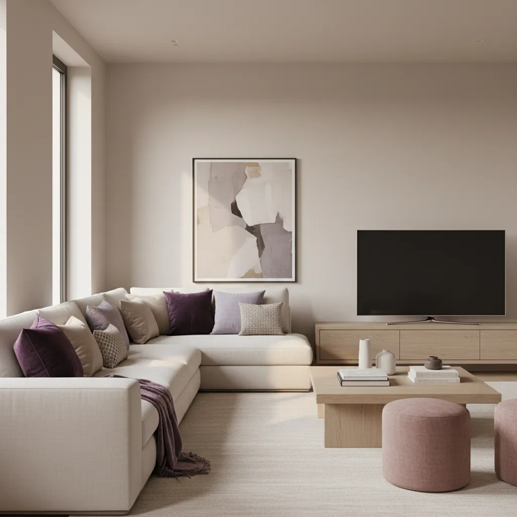 Neutral sofa with layered purple accent pillows in a modern living room