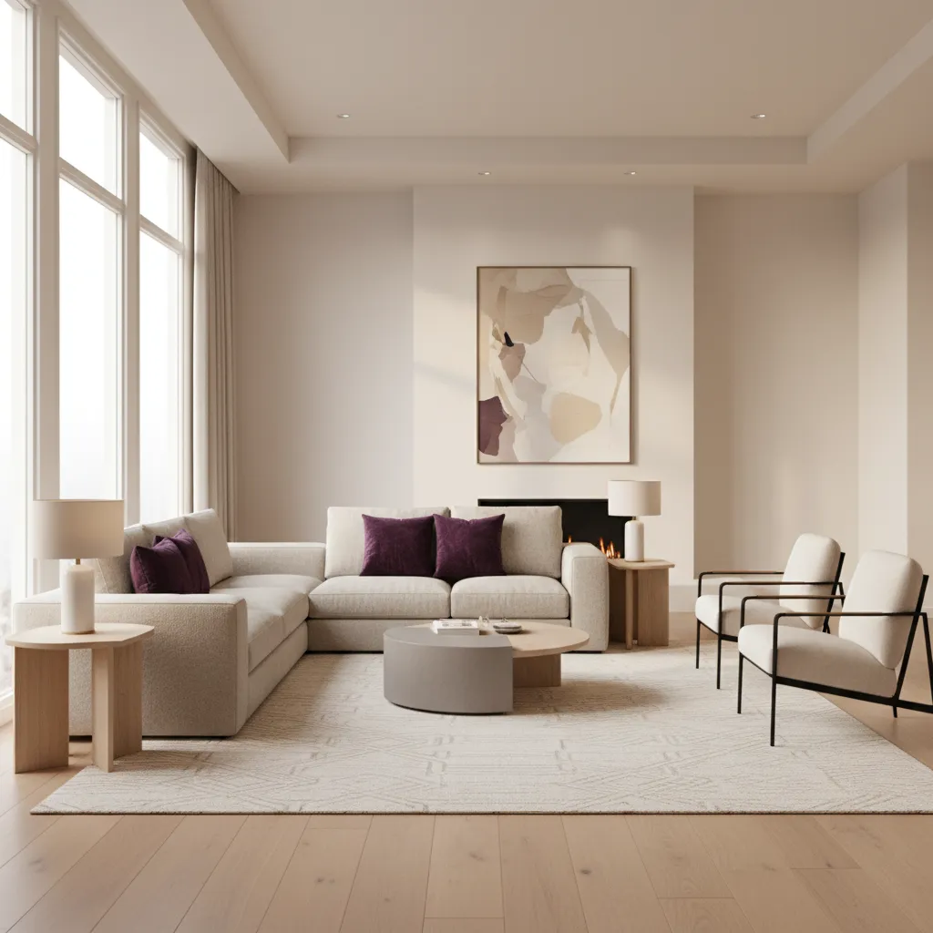 Three purple accent pillows arranged on neutral sofa