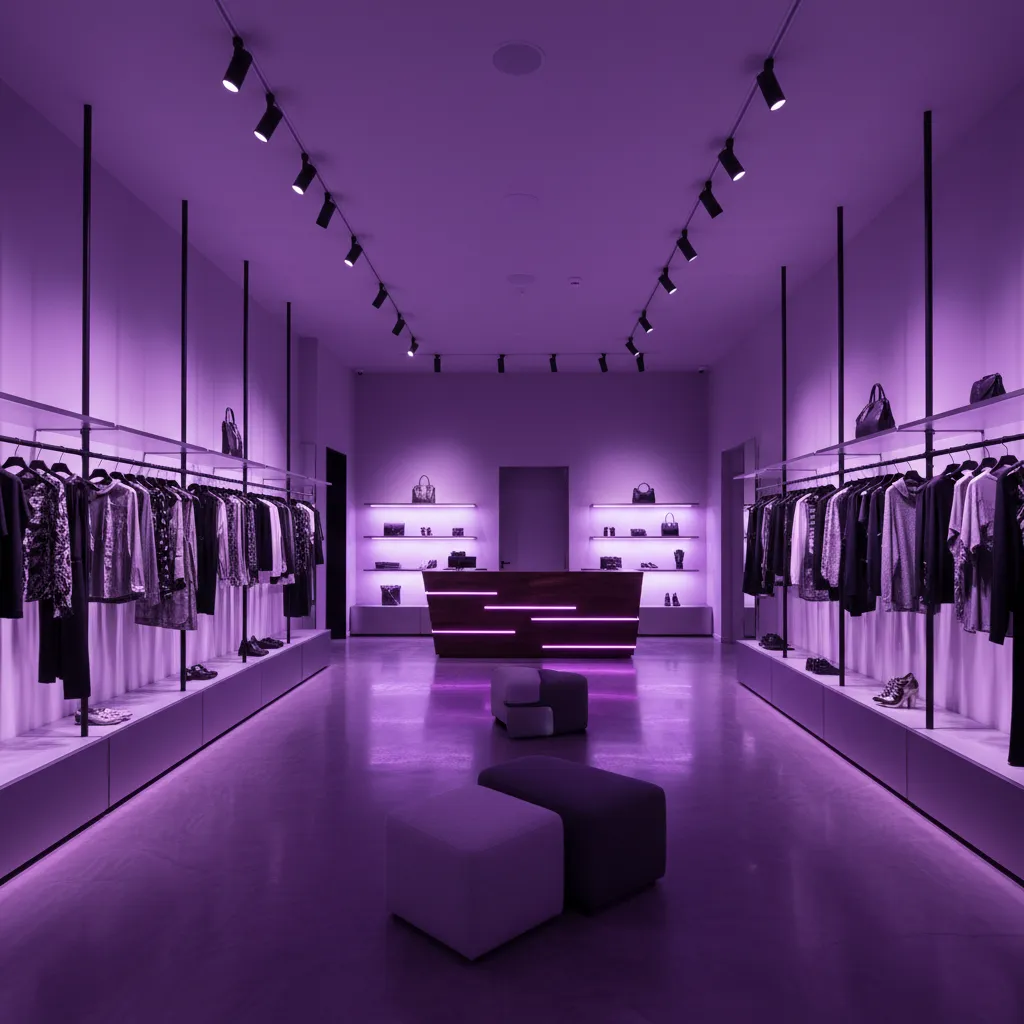 Retail boutique interior with purple lighting and modern displays