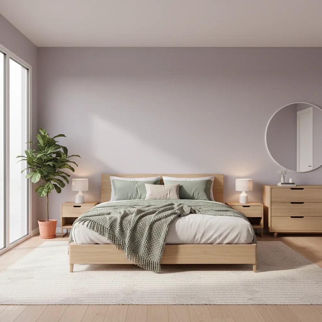 Bedroom featuring lavender tones paired with sage green accents