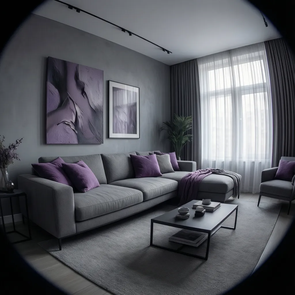 Grey living room with purple toned furniture palette examples