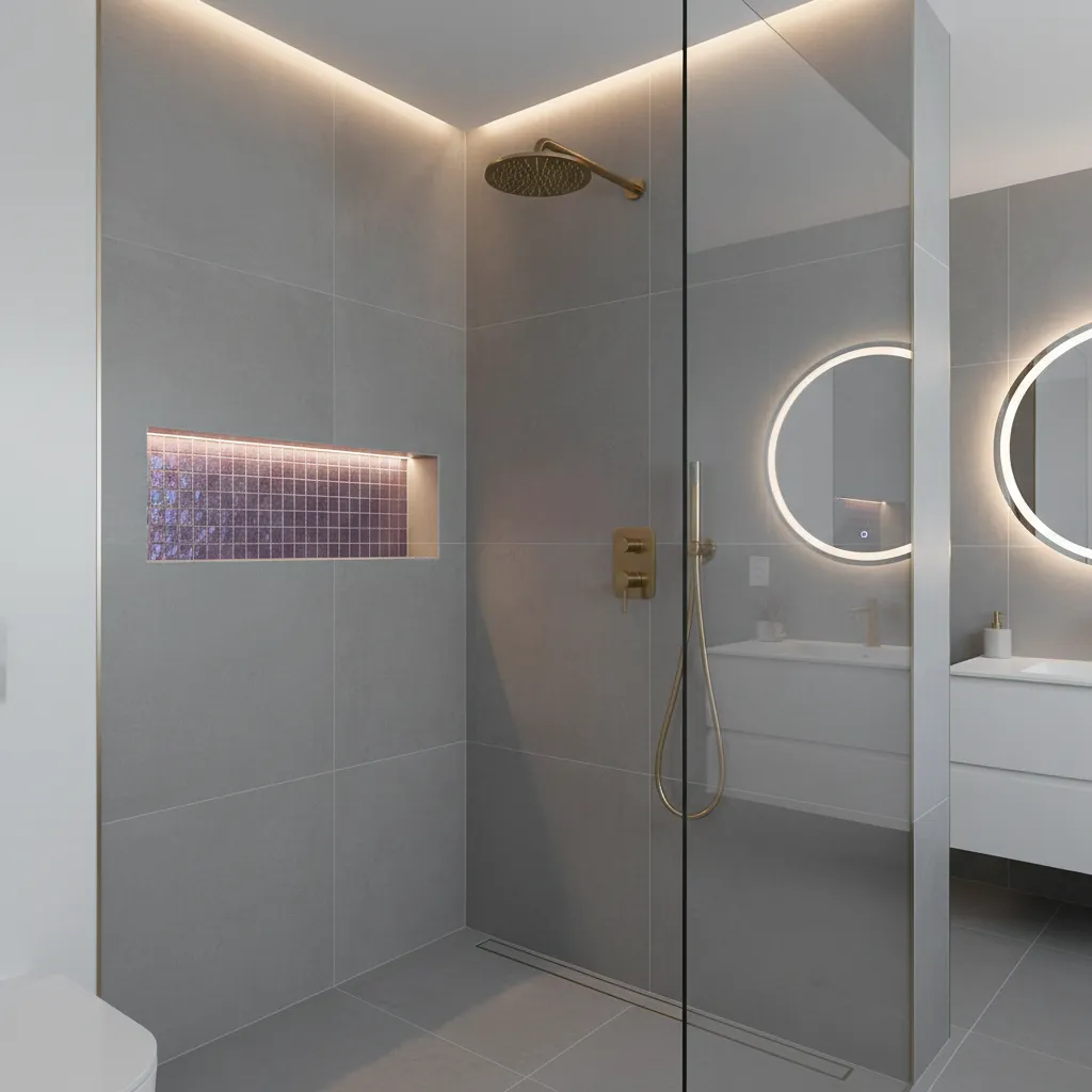 Gray bathroom with purple mosaic shower tiles