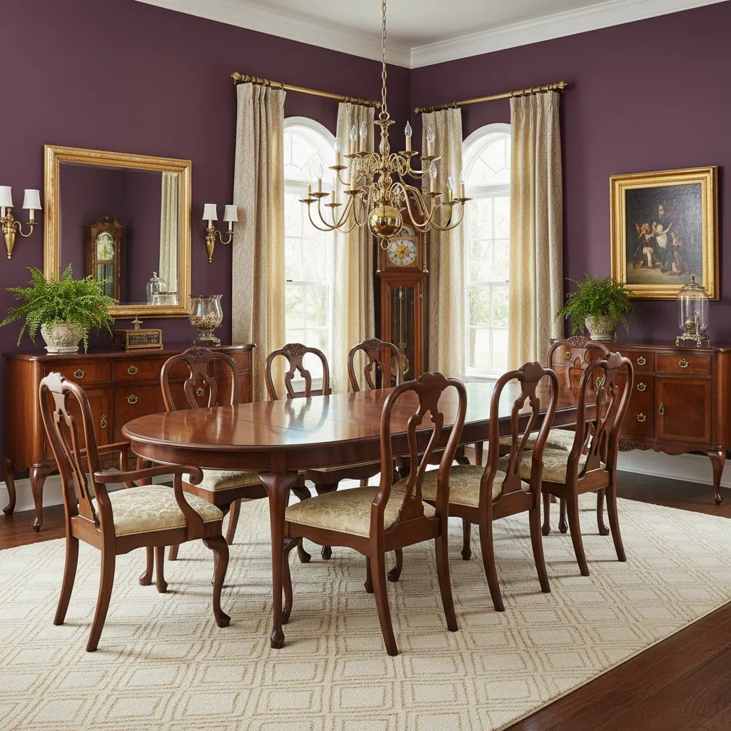 Purple dining room walls paired with traditional dark wood furniture
