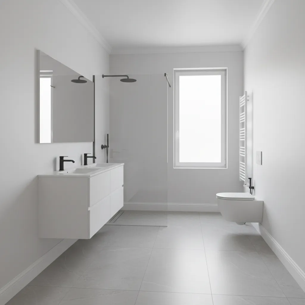 White PVC baseboards installed along a modern bathroom wall with tile flooring