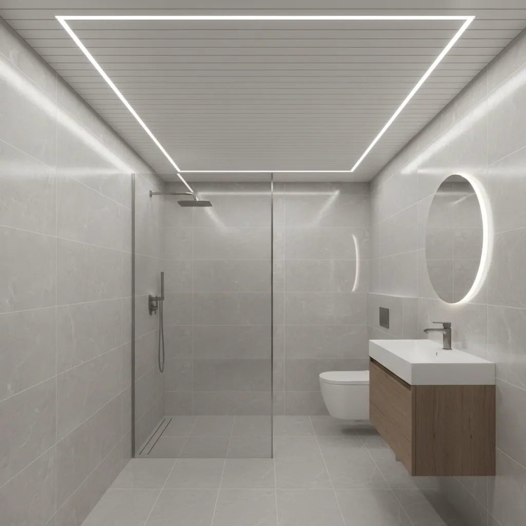 PVC ceiling panels installed in a compact bathroom space