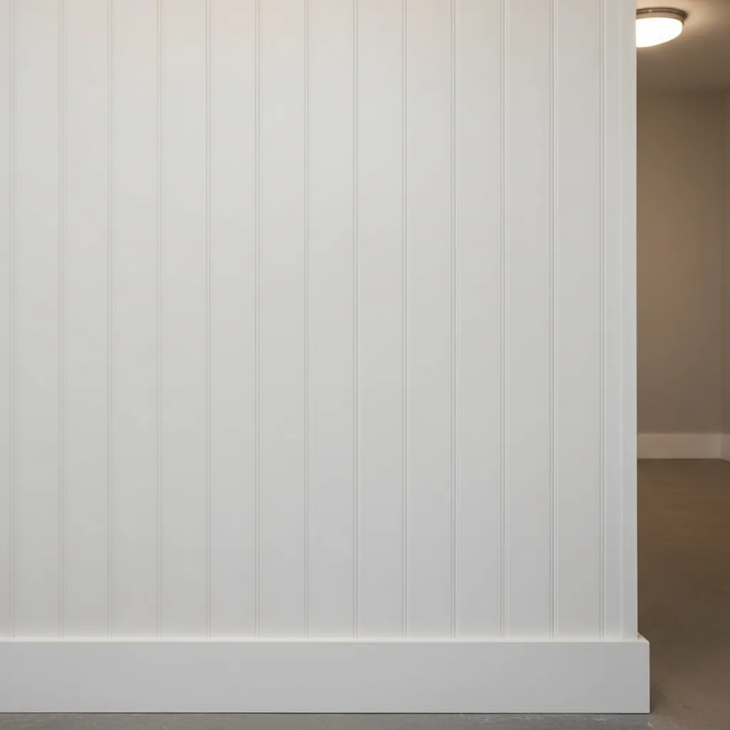 close view of pvc beadboard wall panels used in basement renovation