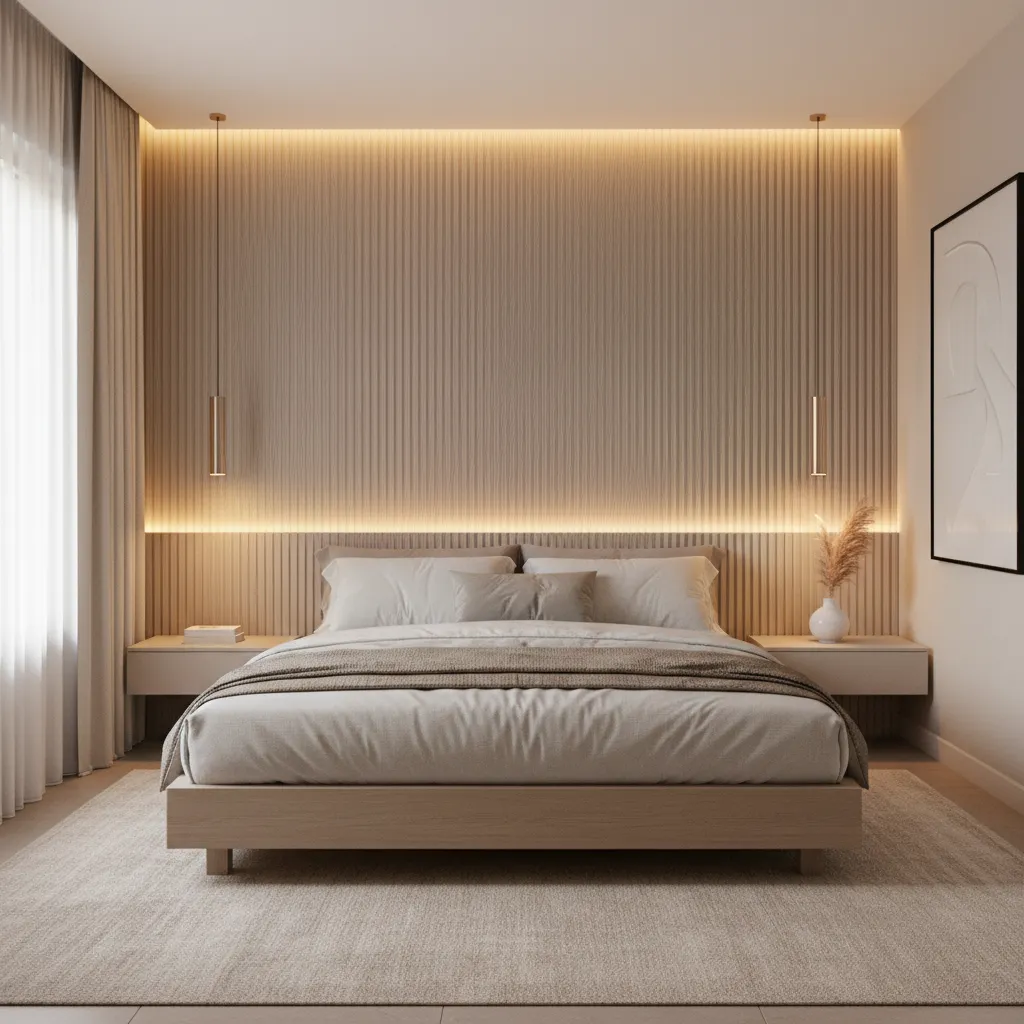 Bedroom with vertical fluted PVC wall panels behind the bed
