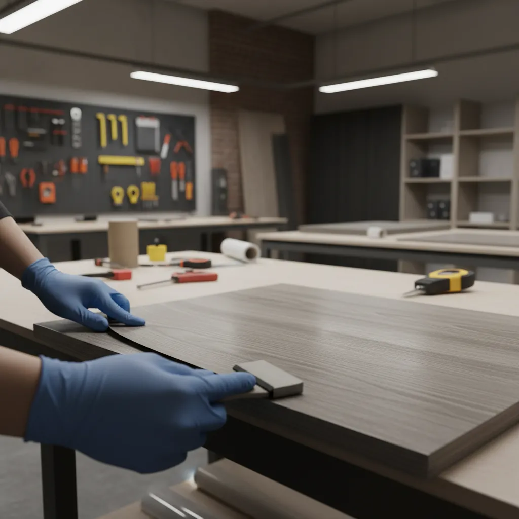 installer applying pvc cabinet skin to kitchen cabinet door