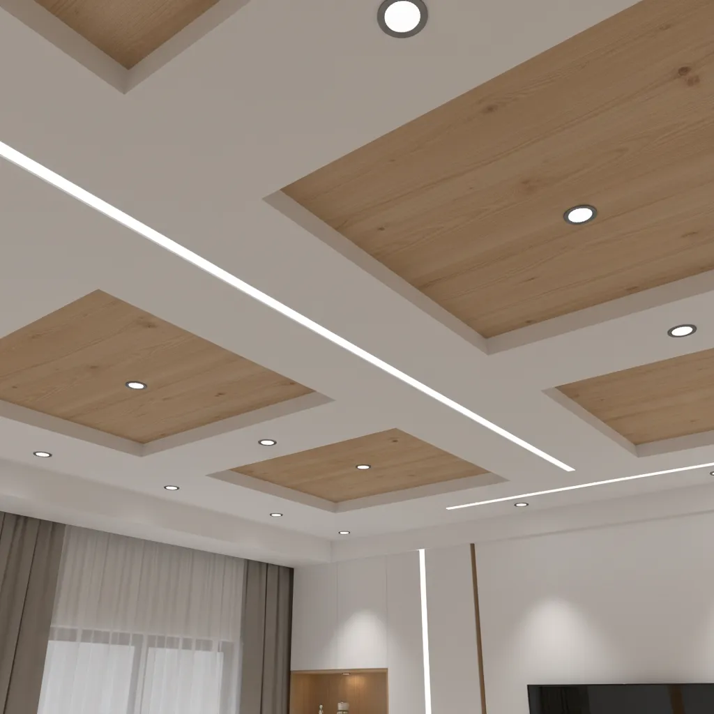 PVC ceiling panel design with integrated LED strips and spotlights