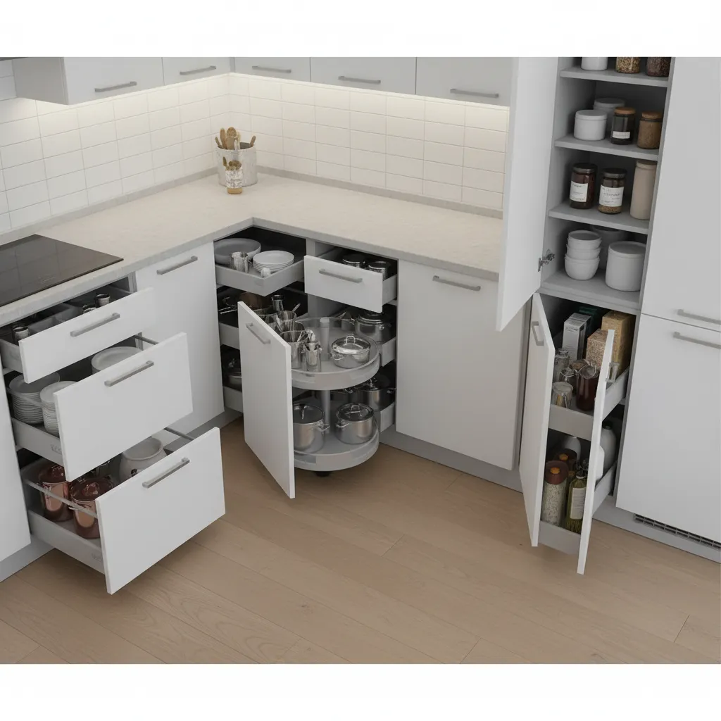 modular kitchen cabinet layout showing drawers and storage zones