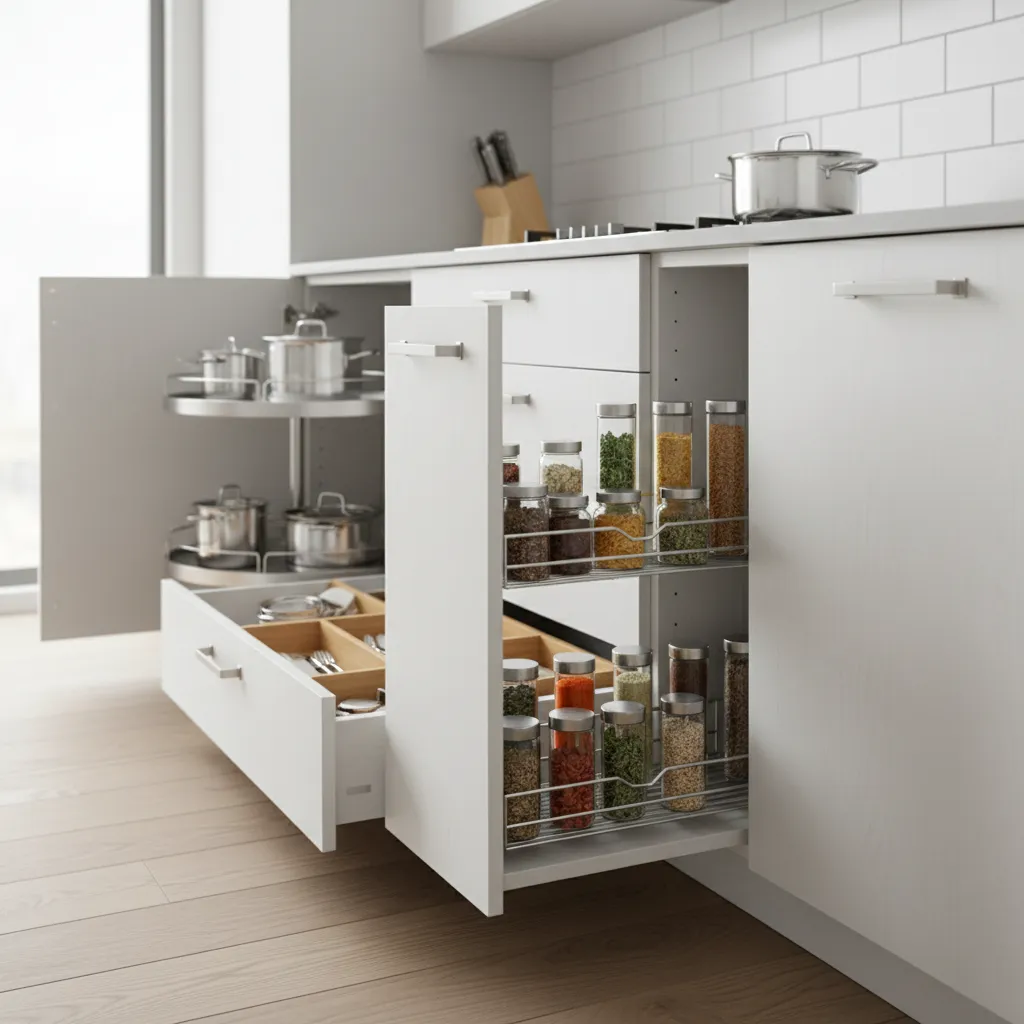 pull-out drawers and storage accessories in pvc modular kitchen cabinets