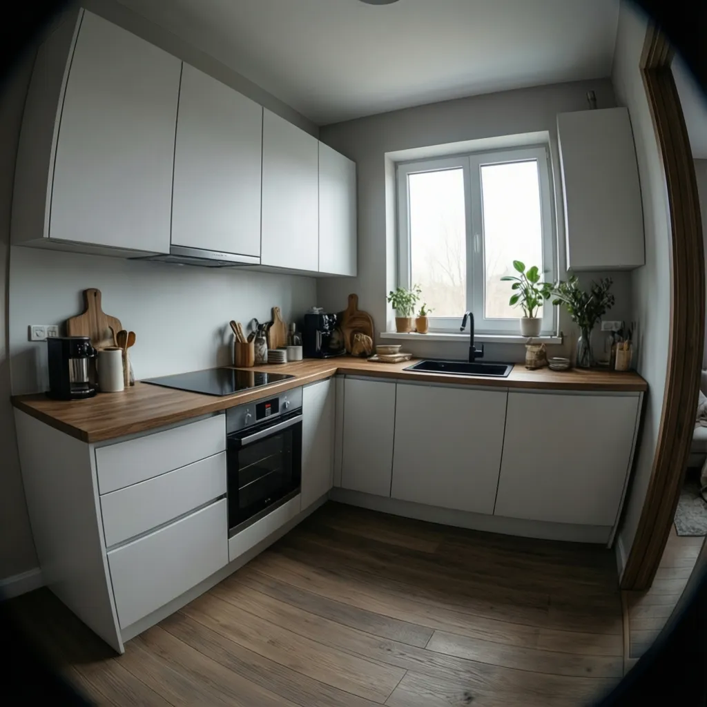 modern pvc modular kitchen interior with L-shaped cabinet layout